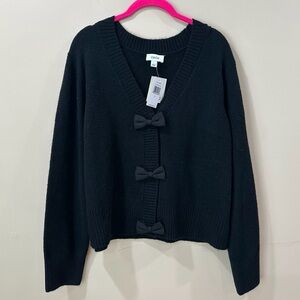 NWT CeCe Black Bow Front Knit Cardigan Cropped Sweater Top V Neck Womens L